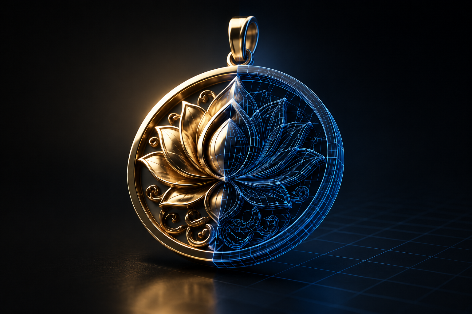Pendentif décoratif en rendu 3D, moitié métal doré et moitié modèle filaire bleu.